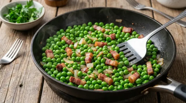 Padella con piselli surgelati cucinati con cipolla e pancetta