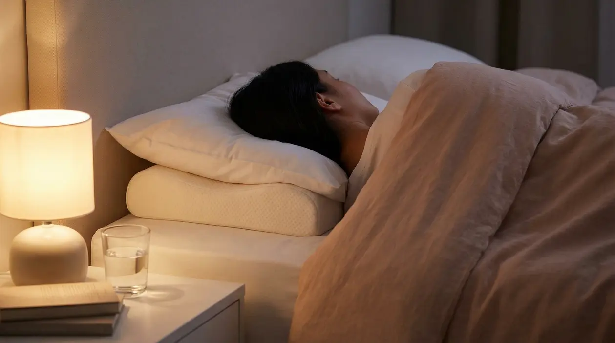 Persona distesa su un cuscino ergonomico mentre dorme su un fianco in una stanza illuminata