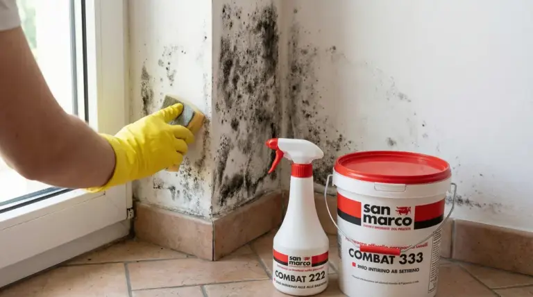 Persona con guanti pulisce la muffa da un muro vicino a una finestra