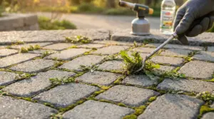 Rimozione manuale di erbacce tra le fughe delle mattonelle di un vialetto
