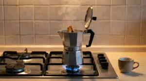 Moka sul fornello con caffè che sale e tazza sul piano cucina