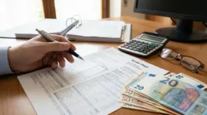 Una mano tiene una penna sopra una busta paga con banconote euro, occhiali e calcolatrice sulla scrivania