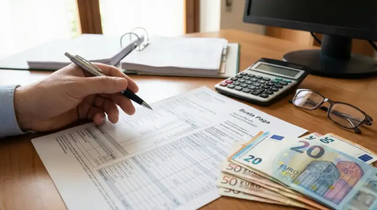 Una mano tiene una penna sopra una busta paga con banconote euro, occhiali e calcolatrice sulla scrivania