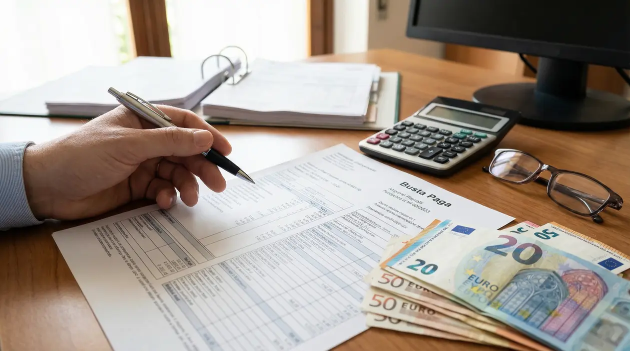 Una mano tiene una penna sopra una busta paga con banconote euro, occhiali e calcolatrice sulla scrivania