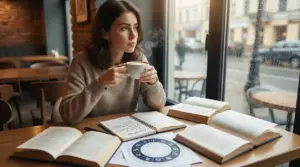 Persona seduta in un caffè con libri e schema zodiacale sul tavolo