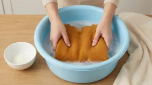 Mani che lavano a mano un maglione di cashmere arancione in una bacinella con acqua e sapone