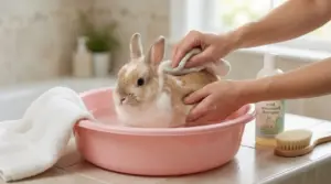 Coniglio in una bacinella mentre una persona lo lava delicatamente con un panno.