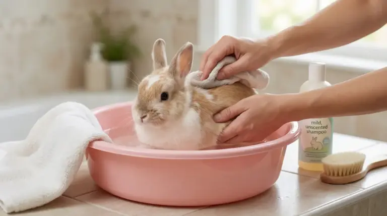 Coniglio in una bacinella mentre una persona lo lava delicatamente con un panno.