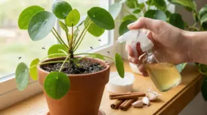 Pianta in vaso infestata da moscerini trattata con uno spray naturale vicino a una finestra