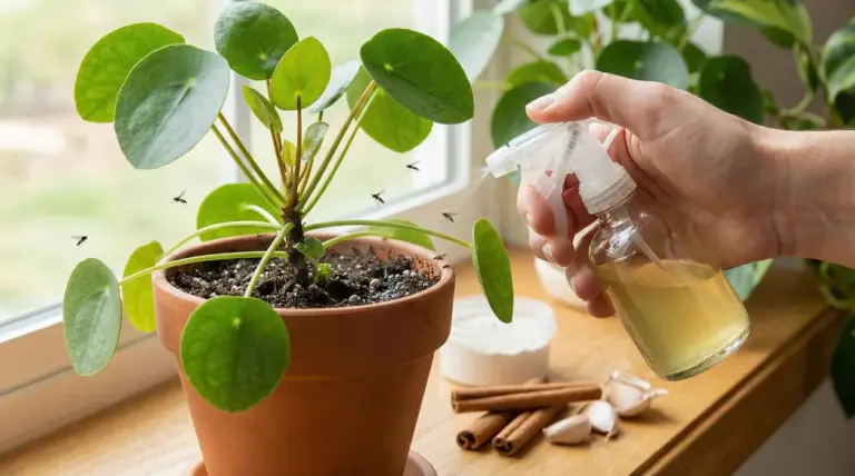 Pianta in vaso infestata da moscerini trattata con uno spray naturale vicino a una finestra