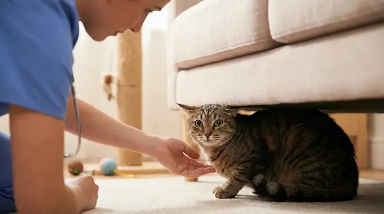 Gatto nascosto sotto un divano osserva una persona che lo avvicina con cautela