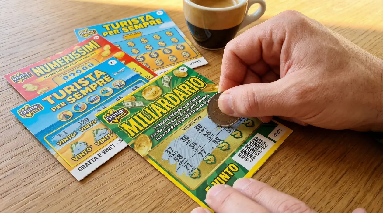 Una mano gratta un biglietto Gratta e Vinci vincente su un tavolo di legno