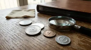 Monete italiane su tavolo con lente d’ingrandimento e album da collezione per valutare una moneta rara