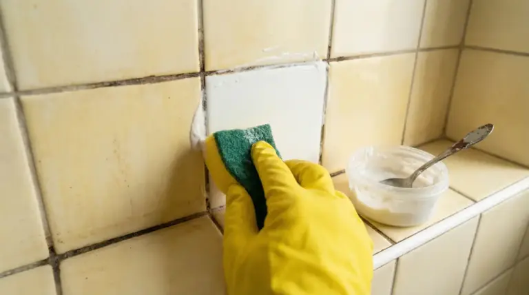 Rimedio fai da te per sbiancare le piastrelle del bagno con una spugna e una miscela cremosa
