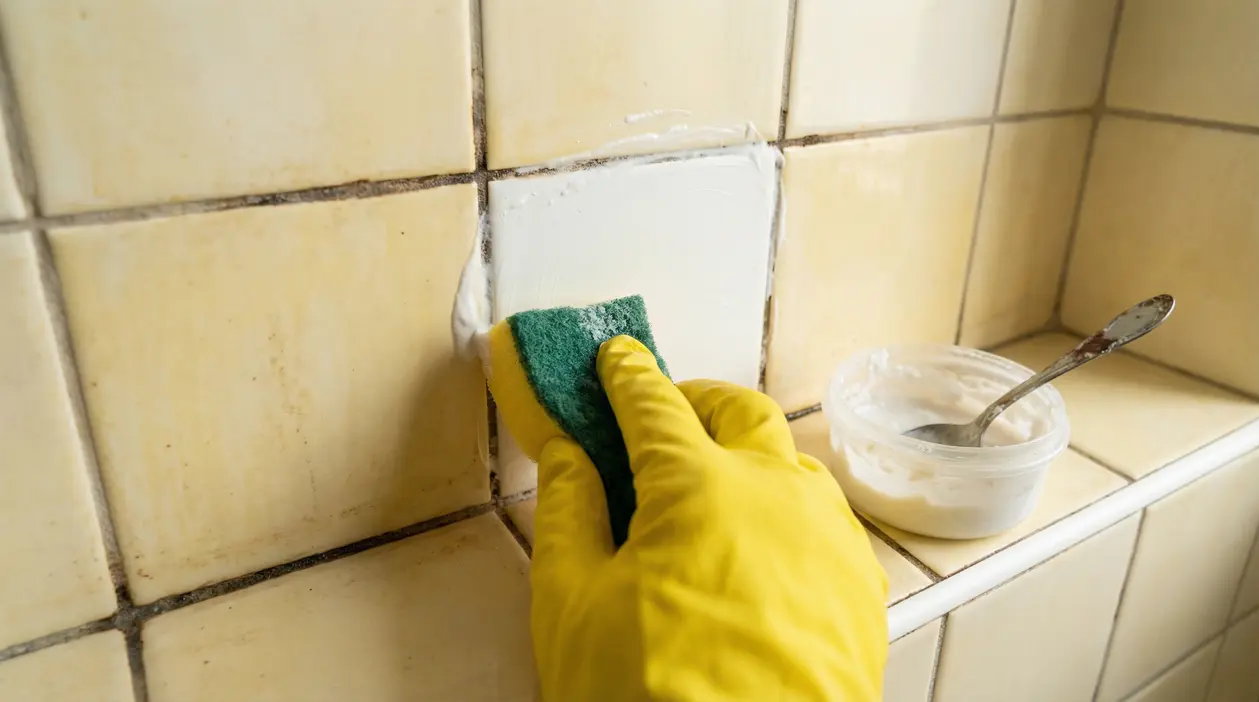 Rimedio fai da te per sbiancare le piastrelle del bagno con una spugna e una miscela cremosa