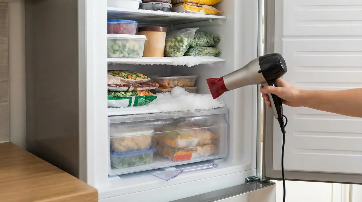 Una persona usa un phon per sbrinare il freezer pieno di cibo surgelato