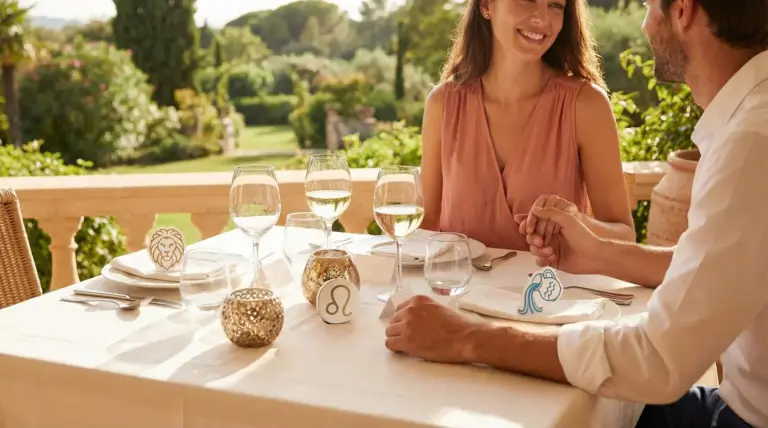 Coppia seduta a un tavolo romantico all'aperto con simboli zodiacali sul tavolo