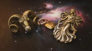 Oggetti decorativi che rappresentano Ariete e Vergine su sfondo cosmico