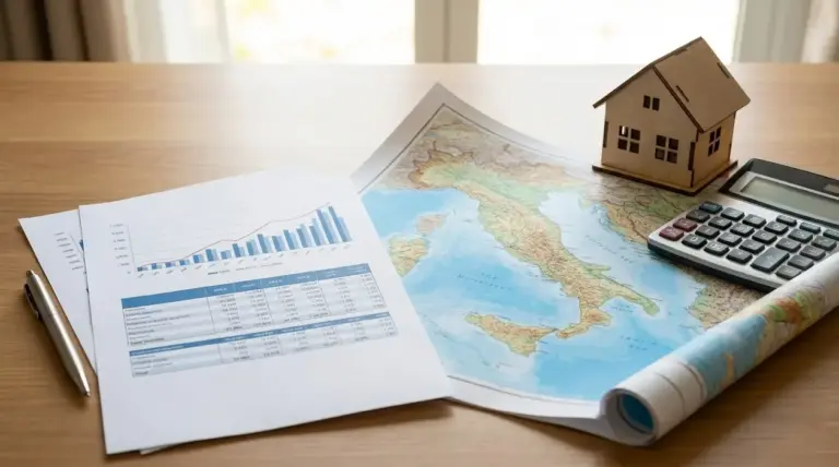 Documenti con grafici e mappa dell’Italia su una scrivania con modellino di casa e calcolatrice, analisi mercato immobiliare