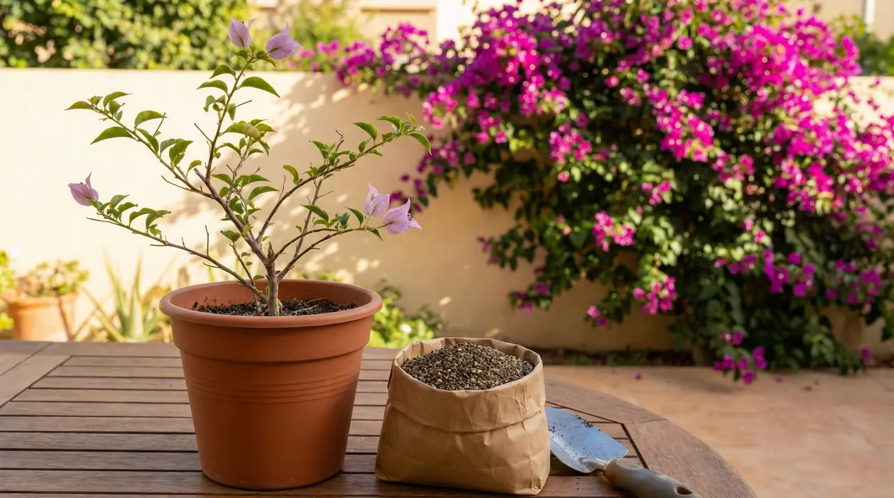 Pianta di bouganville in vaso con pochi fiori accanto a un sacchetto di concime su un tavolo da giardino