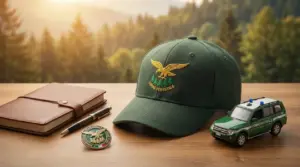 Cappellino del Corpo Forestale su un tavolo con taccuino, penna, distintivo e modellino di auto di servizio