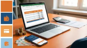 Laptop con foglio di calcolo su conti deposito e tassi, con monete, banconote, smartphone e calcolatrice su una scrivania