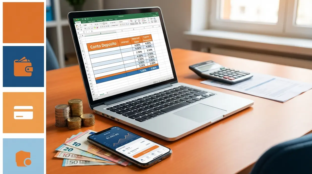 Laptop con foglio di calcolo su conti deposito e tassi, con monete, banconote, smartphone e calcolatrice su una scrivania