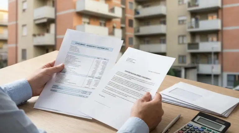 Persona che esamina un rendiconto condominiale e una lettera di contestazione spese, con palazzo sullo sfondo