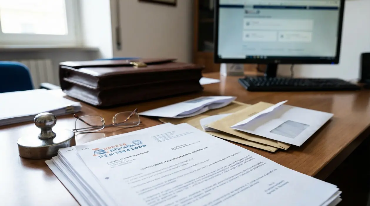 Scrivania con documenti dell'Agenzia Entrate-Riscossione, occhiali e computer in ufficio.