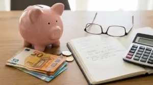 Salvadanaio rosa con banconote e monete in euro, calcolatrice e quaderno di appunti su una scrivania