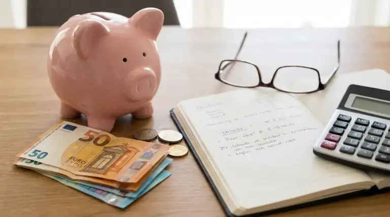 Salvadanaio rosa con banconote e monete in euro, calcolatrice e quaderno di appunti su una scrivania