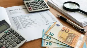 Estratto conto con calcolatrici, banconote in euro, penna e lente d'ingrandimento su un tavolo