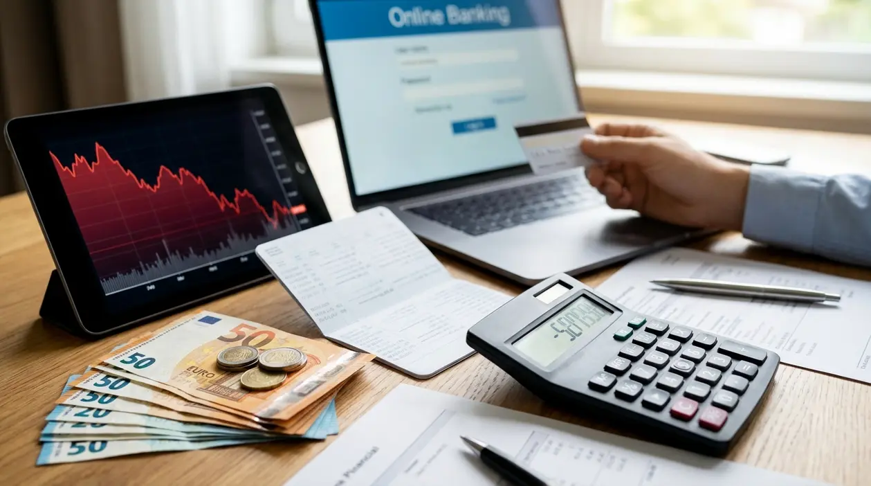 Scrivania con laptop di online banking, tablet con grafico in calo, contanti in euro, calcolatrice e documenti