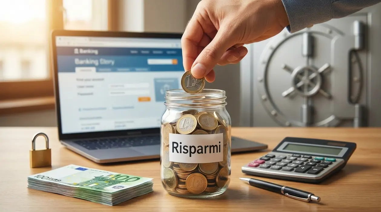 Mano che inserisce una moneta in un barattolo di risparmi, con laptop di home banking e cassaforte sullo sfondo