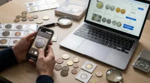 Persona fotografa una moneta con lo smartphone accanto a laptop e collezione di monete su un tavolo