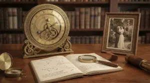 Orologio zodiacale antico con libro di costellazioni, lente d’ingrandimento e foto d’epoca su tavolo in legno