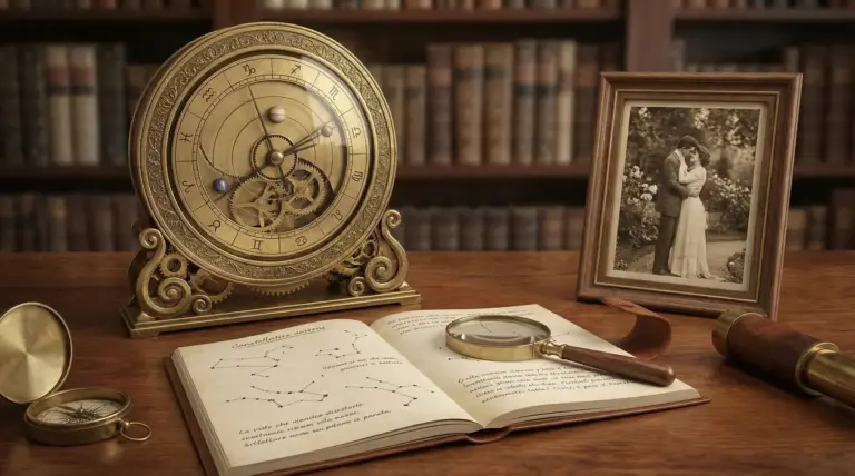 Orologio zodiacale antico con libro di costellazioni, lente d’ingrandimento e foto d’epoca su tavolo in legno
