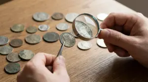 Mani che osservano una moneta con lente d’ingrandimento e pinzette su un tavolo con altre monete