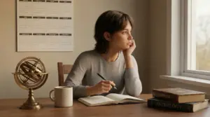 Persona seduta a un tavolo mentre scrive su un quaderno, con libri di astrologia e una sfera armillare accanto.