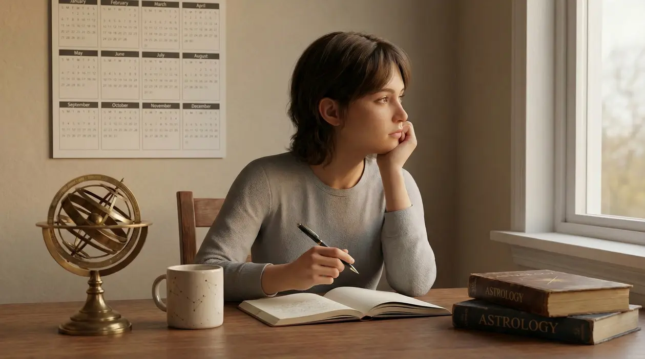 Persona seduta a un tavolo mentre scrive su un quaderno, con libri di astrologia e una sfera armillare accanto.