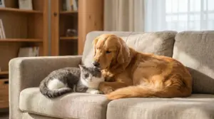 Un cane e un gatto riposano insieme su un divano in salotto, tranquilli e vicini.