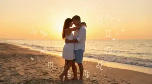 Una coppia abbracciata sulla spiaggia al tramonto con simboli zodiacali sovrapposti