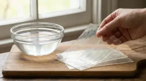 Fogli di colla di pesce trasparente su un tagliere con una ciotola d'acqua