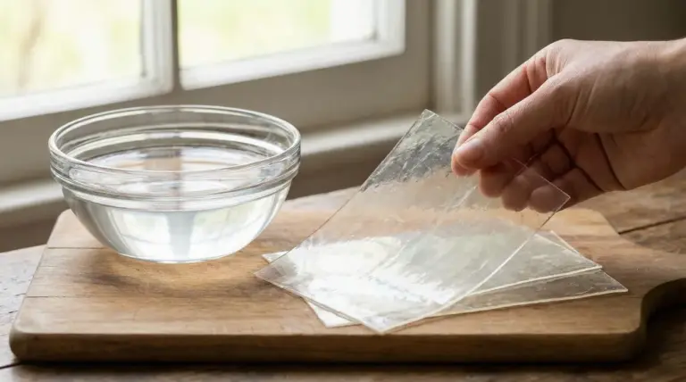 Fogli di colla di pesce trasparente su un tagliere con una ciotola d'acqua