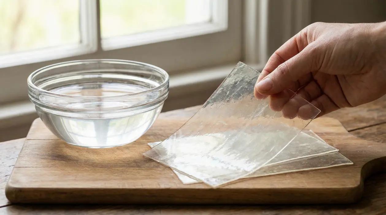 Fogli di colla di pesce trasparente su un tagliere con una ciotola d'acqua