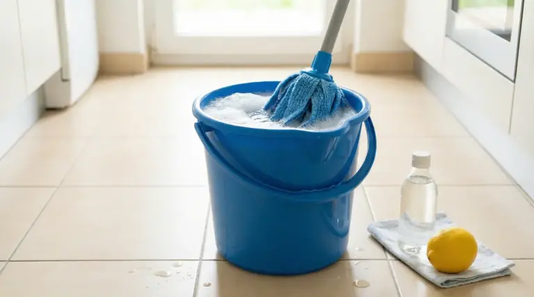 Secchio blu con mocio e acqua saponata su pavimento chiaro, accanto a limone e bottiglia di aceto.