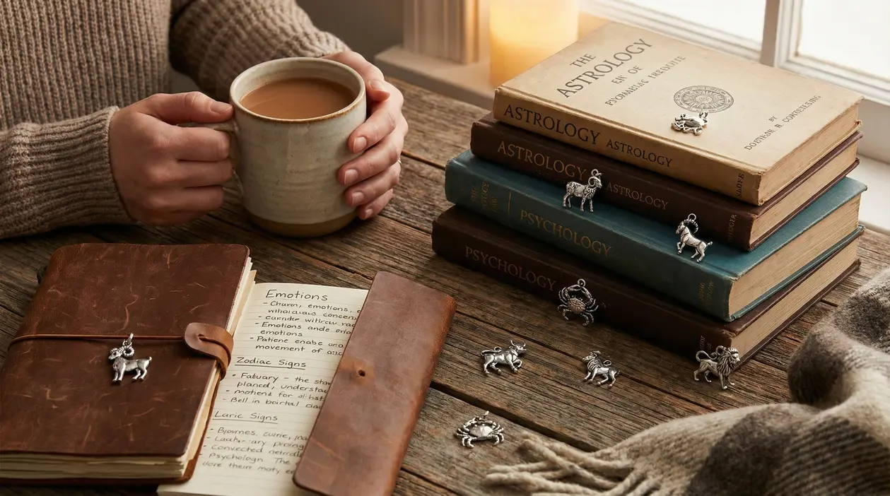 Persona con una tazza di tè vicino a libri di astrologia e segni zodiacali su un tavolo di legno