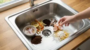 Scarti alimentari nel lavello della cucina, tra cui gusci d'uovo, fondi di caffè e avanzi di cibo.