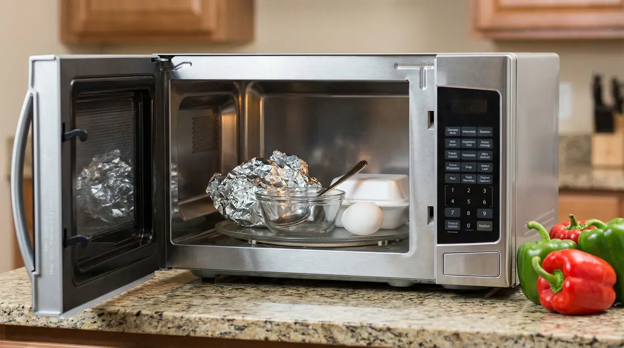 Oggetti comuni come alluminio, uova e contenitori in un forno a microonde aperto
