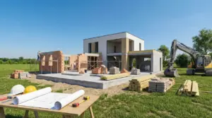Costruzione di una villetta moderna di 120 mq con operai e materiali in cantiere